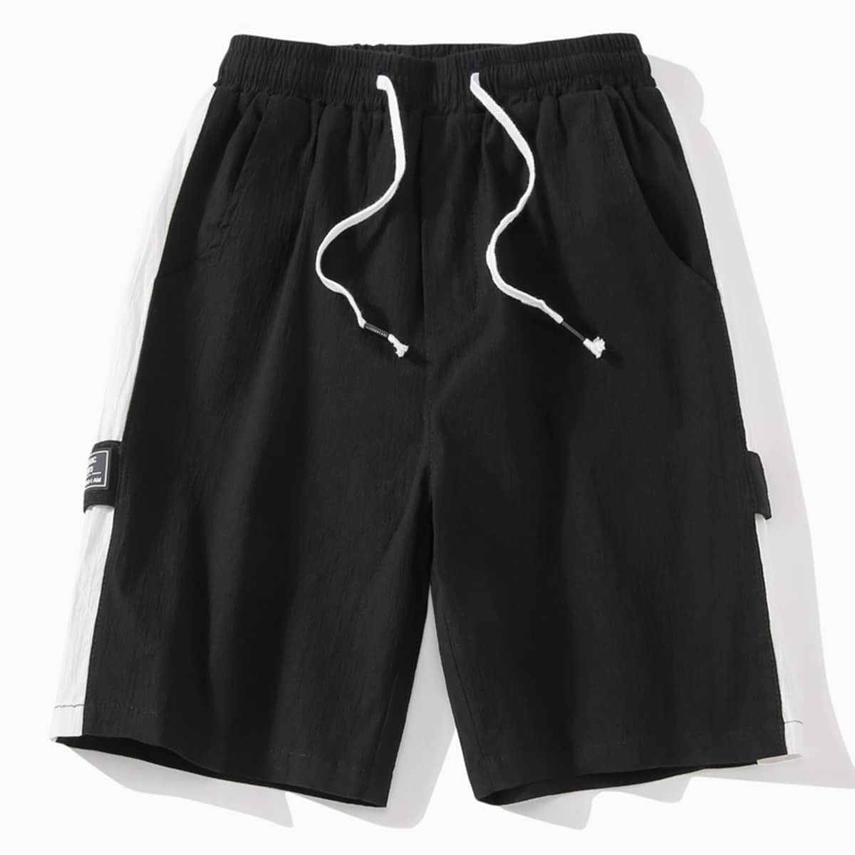

Guys Contrast Sideseam Patched Drawstring Shorts, Black