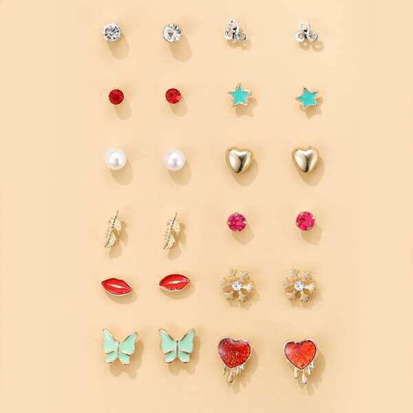 

12pairs Rhinestone Heart Decor Earrings Set, Multicolor