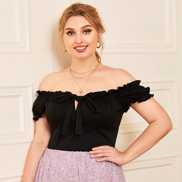 

Plus Frill Trim Tie Dye Puff Sleeve Top, Black