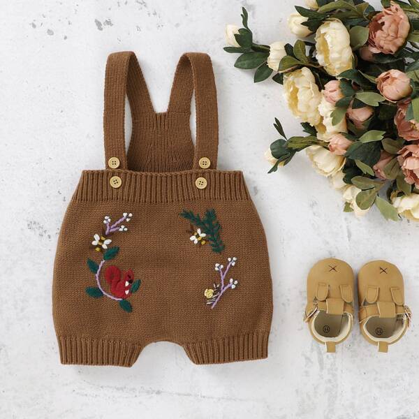 

Toddler Girls Plants Embroidery Knit Overall, Brown