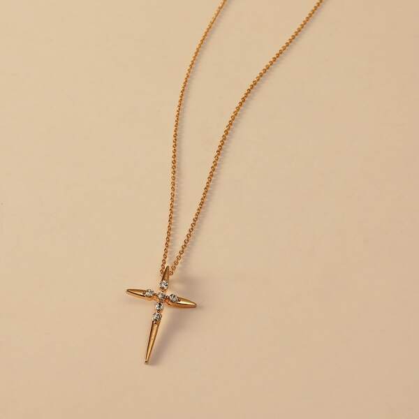 

Rhinestone Cross Charm Necklace, Gold