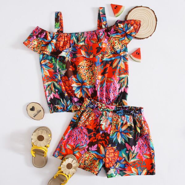

Toddler Girls Pineapple Print Cold Shoulder Top With Shorts, Multicolor