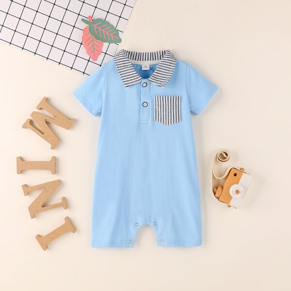 

Baby Boy Stripe Print Polo Collar Romper, Baby blue