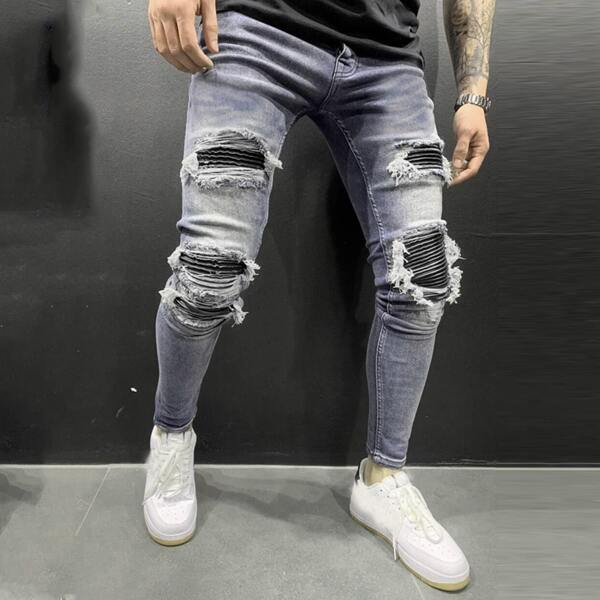 

Men Ripped Shirred Skinny Jeans, Medium wash
