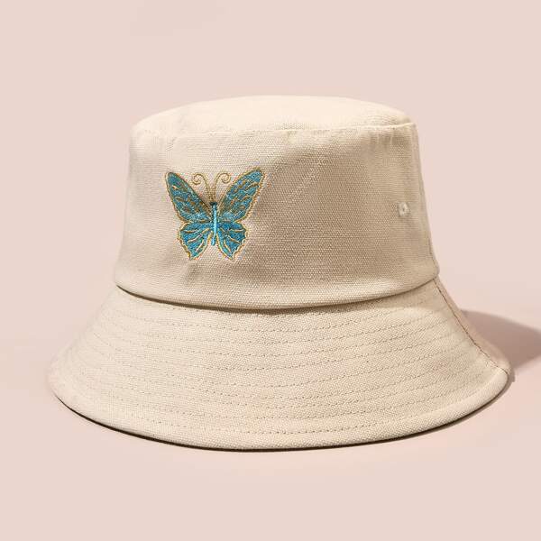 

Butterfly Embroidery Bucket Hat, Beige