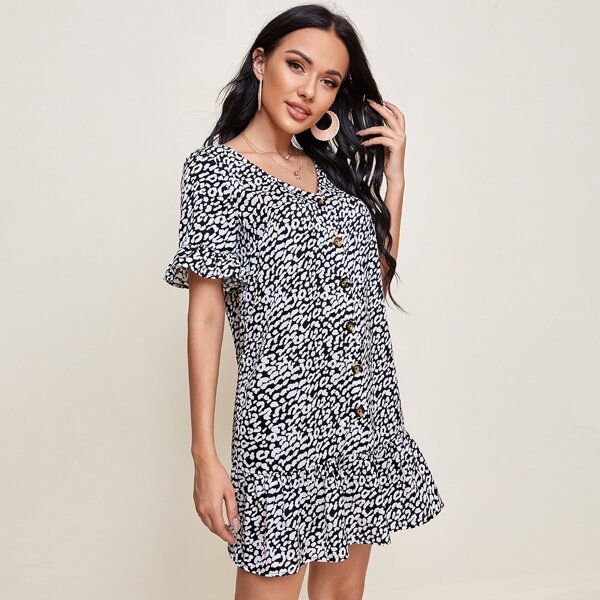 

Single Breasted Ruffle Trim Leopard Dress, Black and white