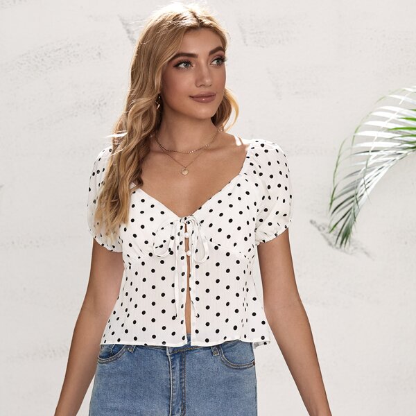 

Tie Front Polka Dot Blouse, White