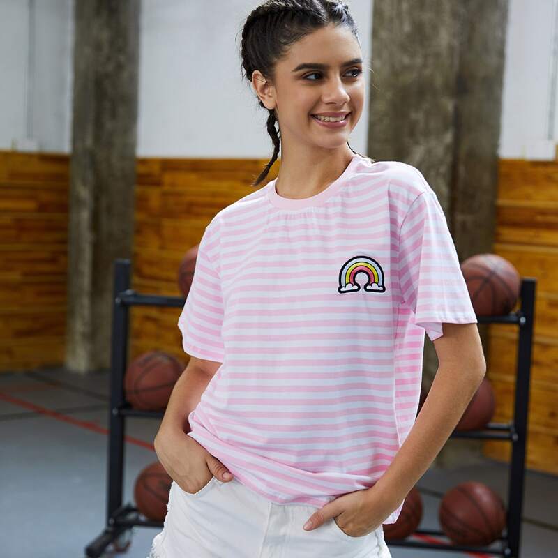 

Rainbow Embroidery Striped Tee, Multicolor