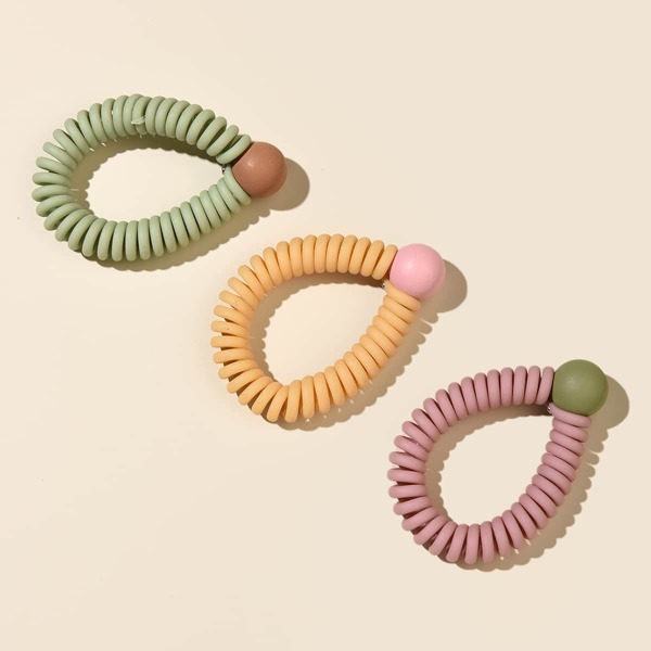 

3pcs Bead Decor Coil Wire Hair Tie, Multicolor
