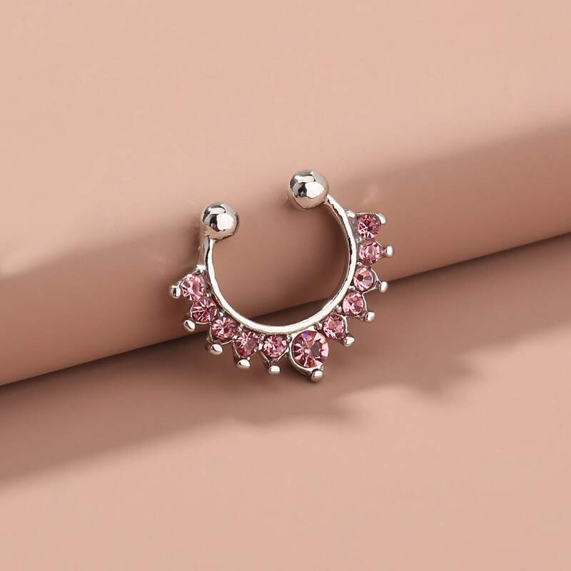 

Rhinestone Decor Round Ball Nose Ring, Hot pink