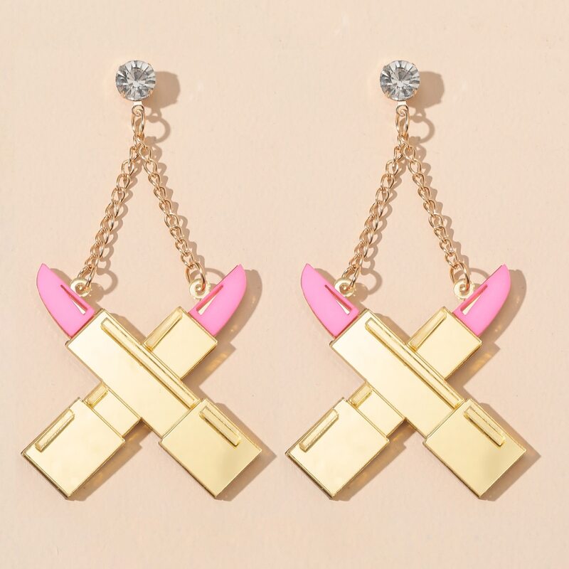 

Cross Lipstick Long Drop Earrings, Pink