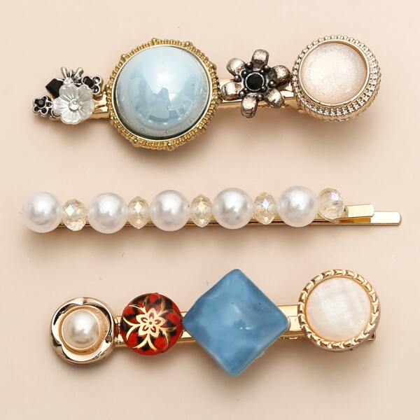 

3pcs Faux Pearl Flower Decor Hair Clip, Gold