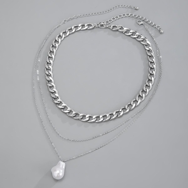 

2pcs Men Faux Pearl Charm Necklace, Silver