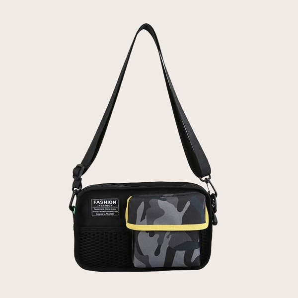 

Camo Print Pocket Front Crossbody Bag, Black