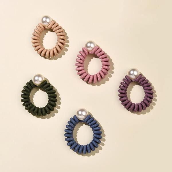 

5pcs Faux Pearl Decor Coil Wire Hair Tie, Multicolor