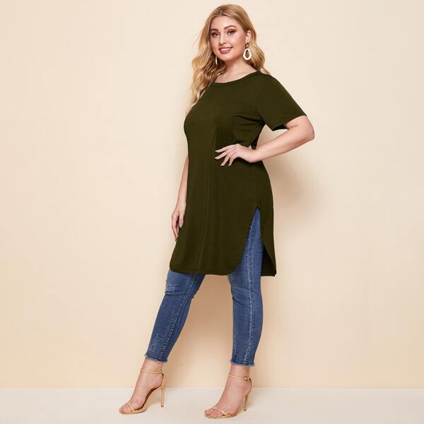 

Plus Solid Curved Hem Long Tee, Army green
