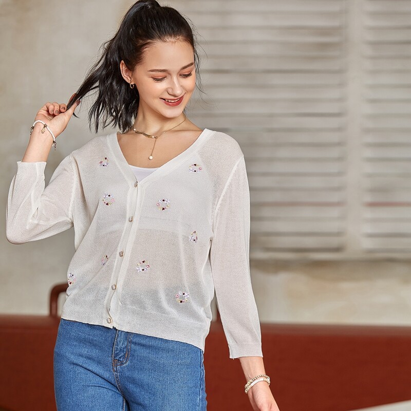 

Button Front Floral Embroidery Cardigan, White