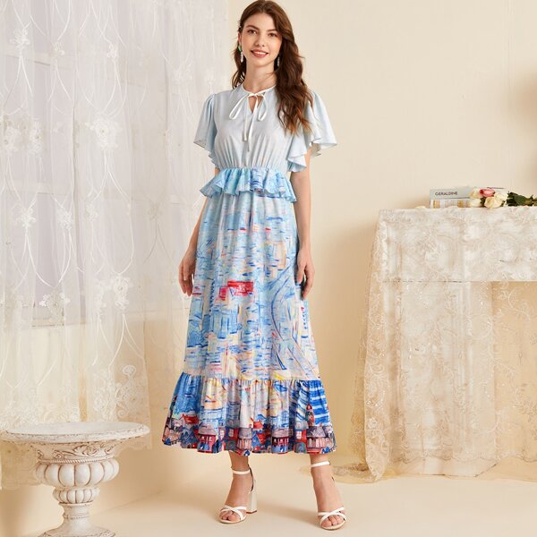 

Cartoon Graphic Tie Neck Ruffle Hem Dress, Multicolor