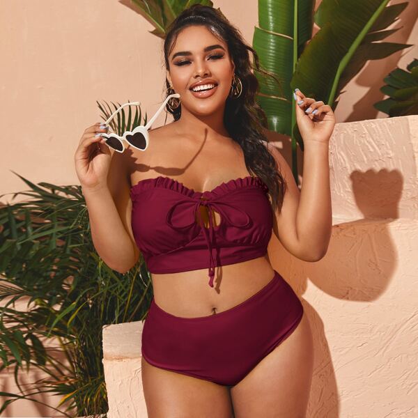 

Plus Frill Tie Front Bandeau Bikini Swimsuit, Burgundy