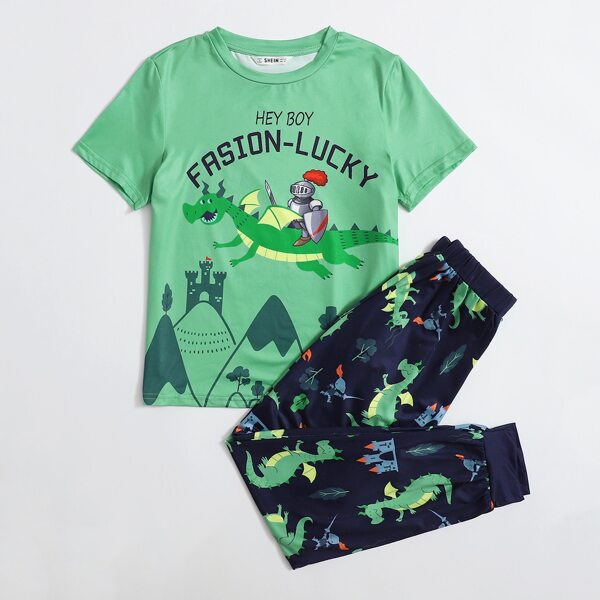 

Boys Cartoon And Letter Graphic Top & Pants PJ Set, Multicolor