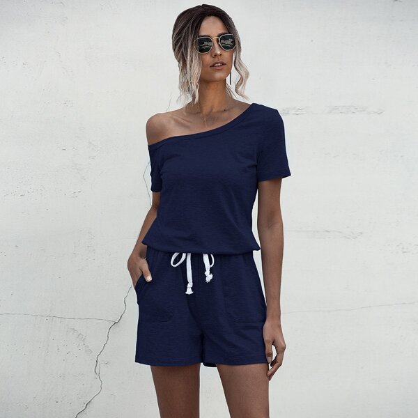 

Asymmetric Neck Knot Front Romper, Navy blue