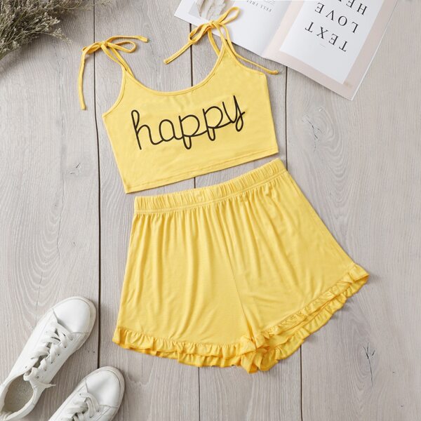 

Letter Graphic Tie Shoulder Cami With Shorts, Mustard yellow