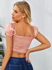 SHEIN Puff Sleeve Shirred Back Asymmetrical Hem Satin Milkmaid Top - Coral Pink - View 2