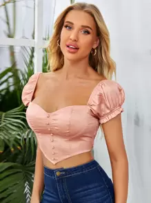 SHEIN Puff Sleeve Shirred Back Asymmetrical Hem Satin Milkmaid Top - Coral Pink - View 4