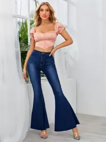 SHEIN Puff Sleeve Shirred Back Asymmetrical Hem Satin Milkmaid Top - Coral Pink - View 5