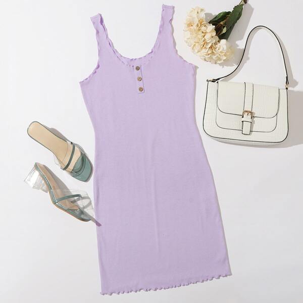

Lettuce Trim Button Front Bodycon Dress, Lilac purple