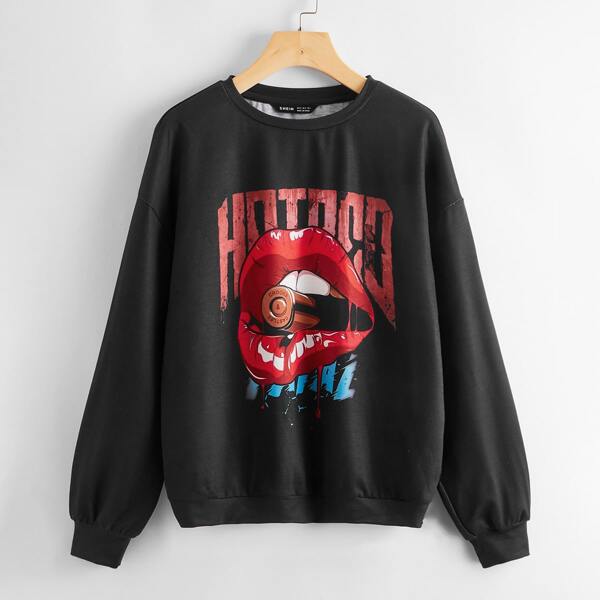 

Lip and Letter Print Drop Shoulder Sweatshirt, Black