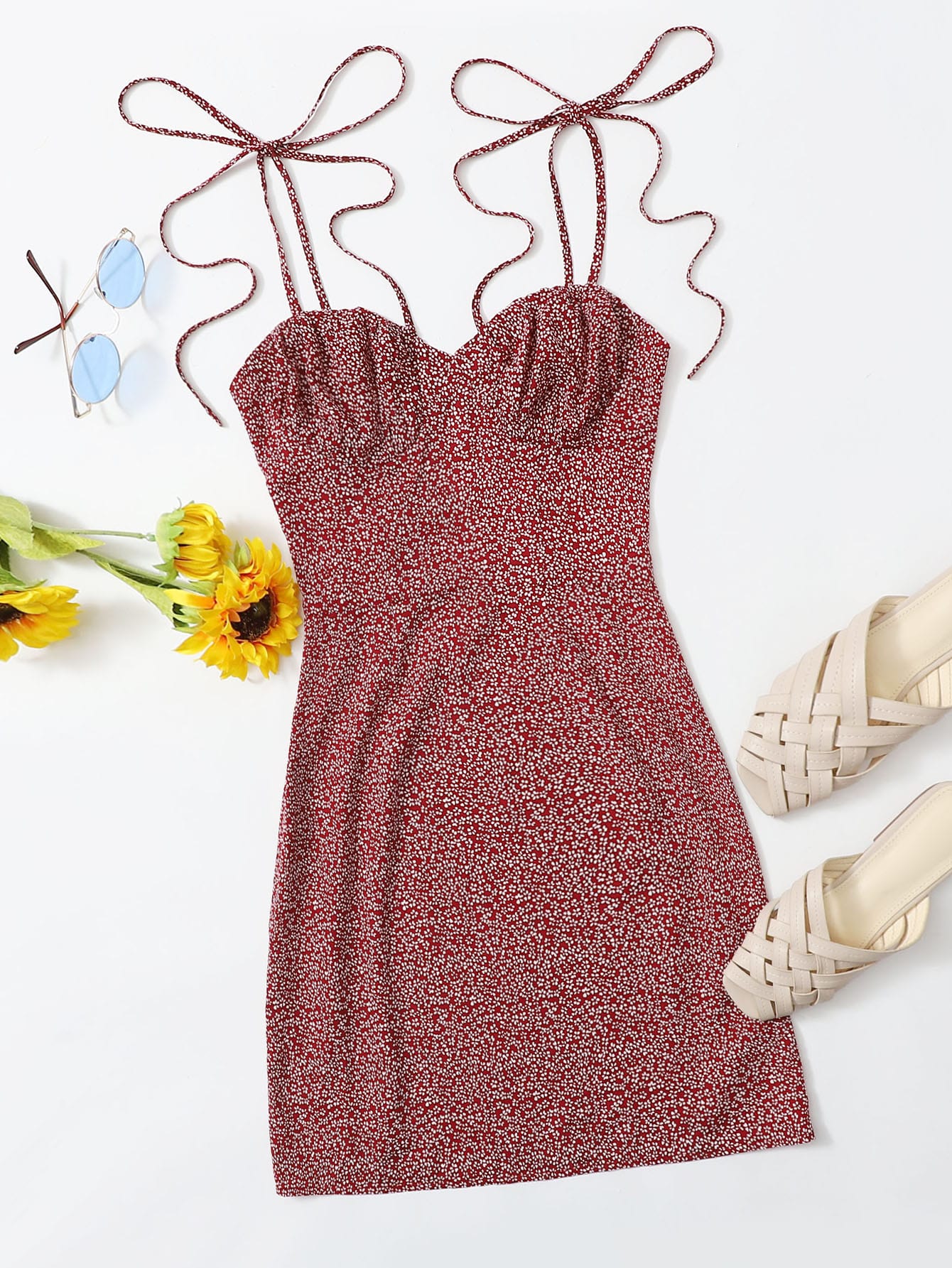 Tie Shoulder Ruched Bust Ditsy Floral Dress thumbnail