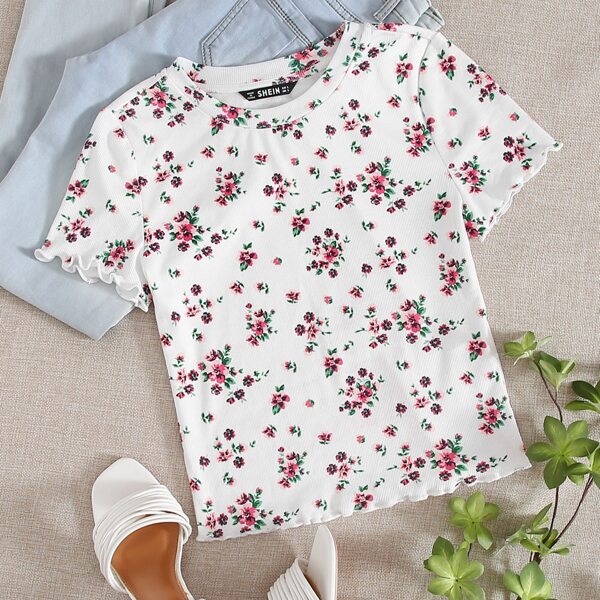 

Lettuce Trim Floral Print Rib-knit Top, White