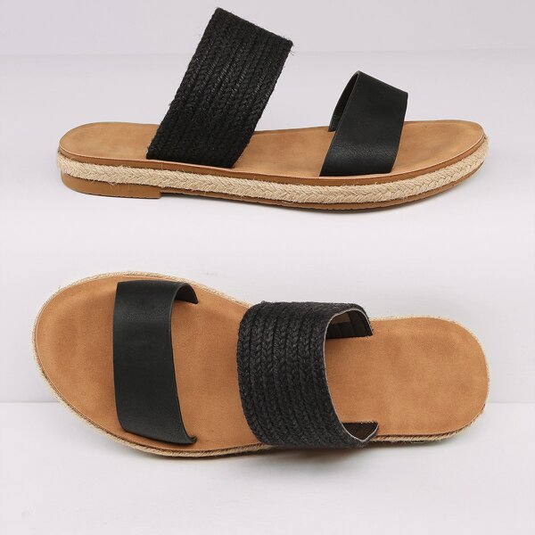 

Double Band Braided Detail Slide Sandals, Black