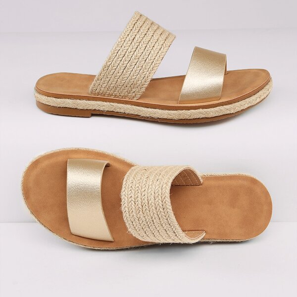 

Twin Bands Woven Detail Slip On Sandals, Gold