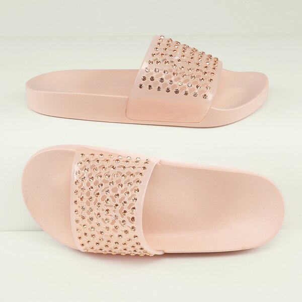 

Crystal Pave Open Toe Band Foam Sole Slide Sandals, Pink