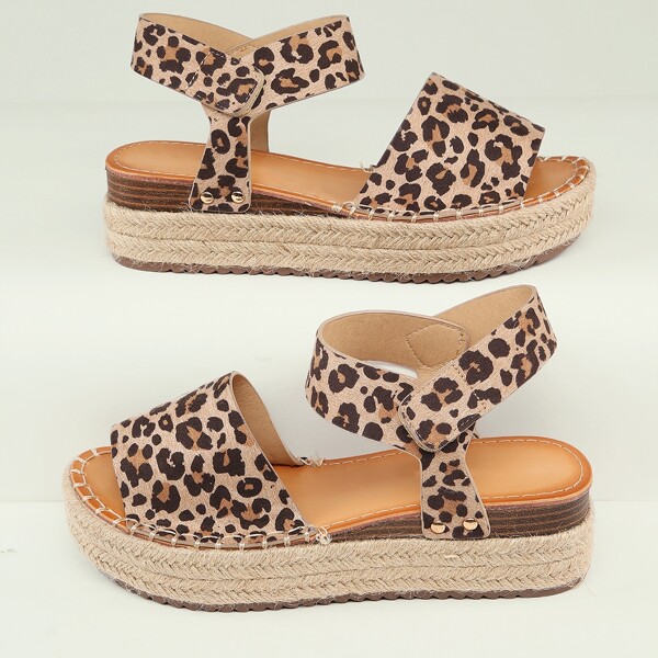 

Open Toe Ankle Strap Cheetah Espadrille Sandals, Brown