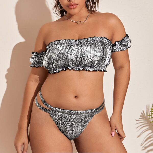 

Plus Snakeskin Metallic Frill Bardot Bikini Swimsuit, Grey