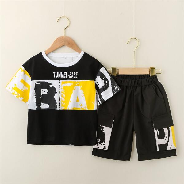 

Boys Colorblock Letter Graphic Tee With Shorts, Black