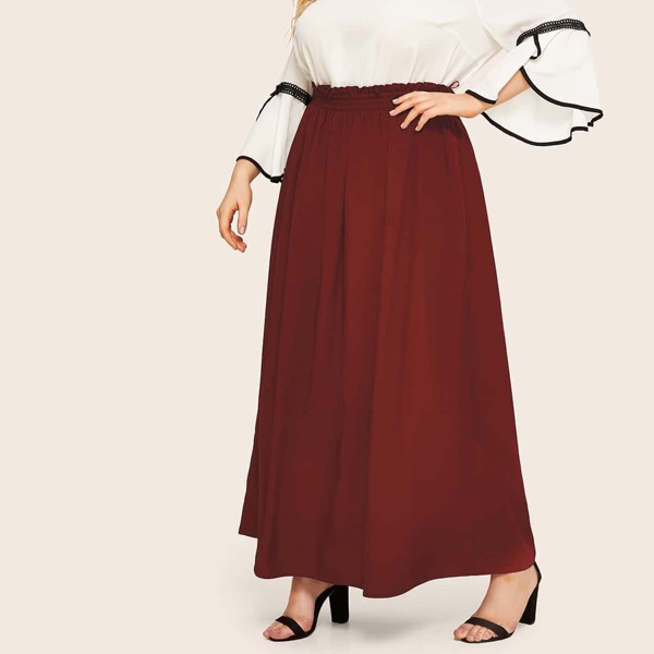 

Plus Frill Trim Solid Maxi Skirt, Burgundy