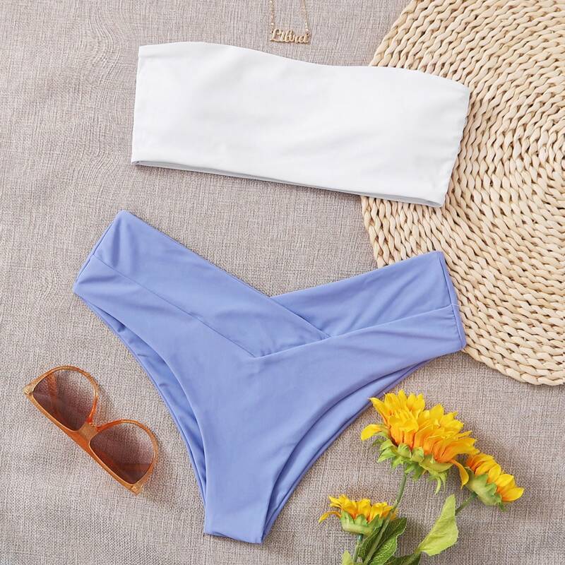 

Two Tone Bandeau Bikini Swimsuit, Blue and white