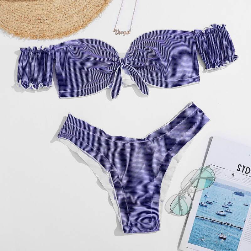 

Striped Knot Front Bardot High Cut Bikini Swimsuit, Purple