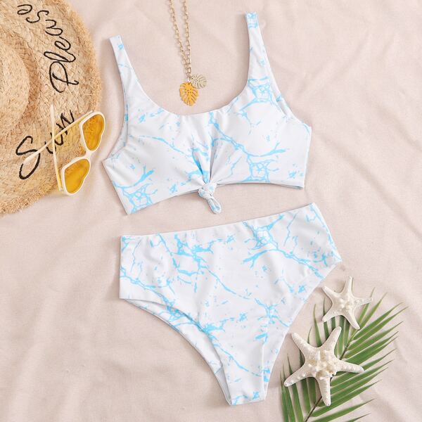 

Marble Print Knot Front Bikini Swimsuit, Blue and white