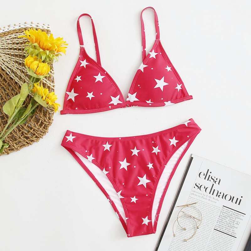 

Star Print Triangle Bikini Swimsuit, Watermelon pink