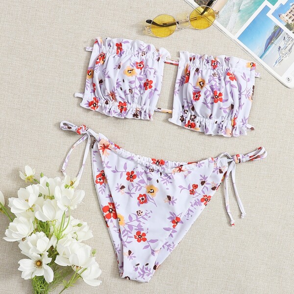 

Floral Ruched Bandeau Tie Side Bikini Swimsuit, Multicolor