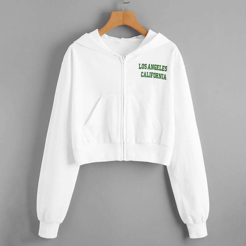 

Letter Embroidery Zip Up Hoodie, White