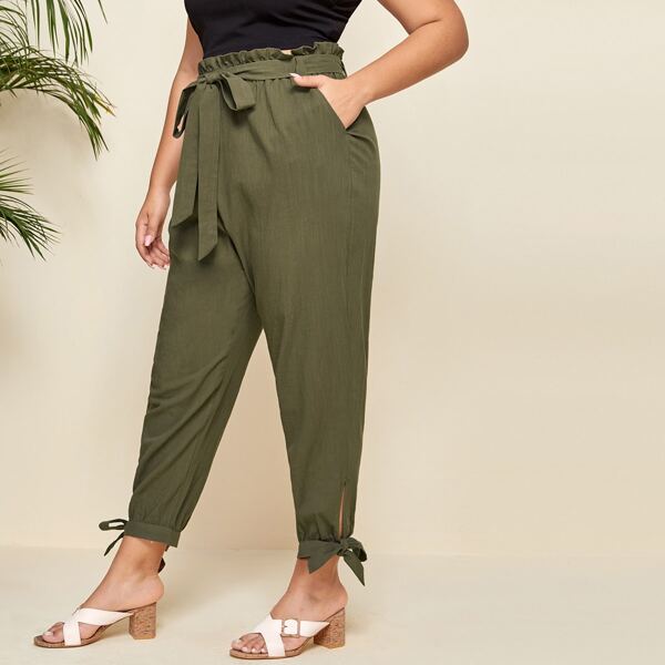 

Plus Paperbag Waist Knot Hem Pants, Army green