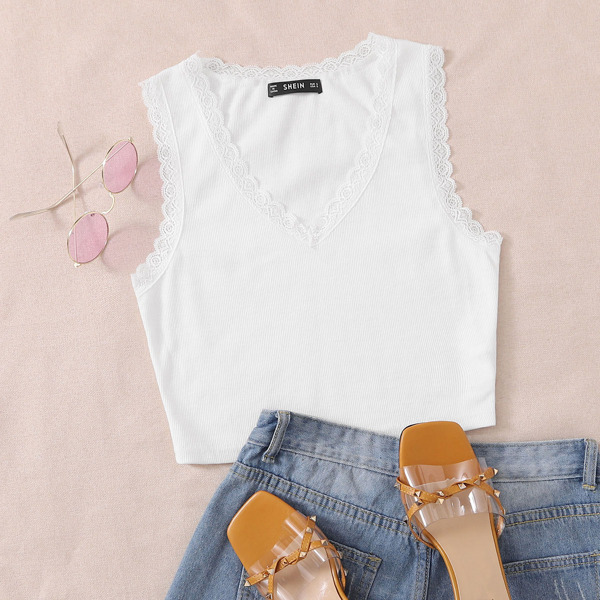 

Lace Trim Rib-knit Tank Top, White