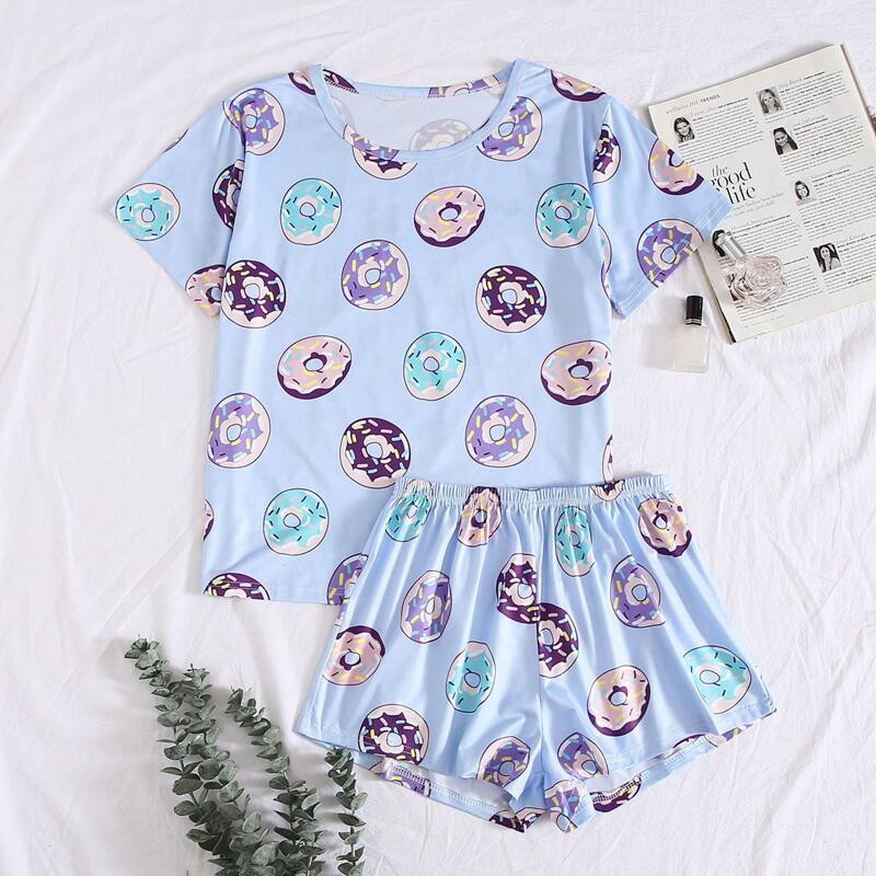 

Allover Donuts Print PJ Set, Baby blue
