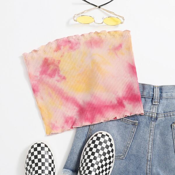 

Lettuce Trim Rib-knit Tie Dye Bandeau Top, Multicolor